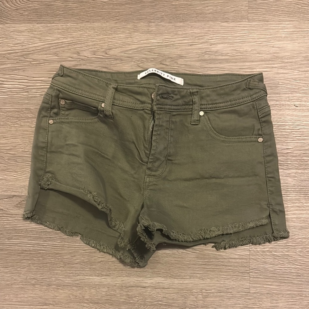 Celebrity Pink Green Jean Shorts with Distressed Hem